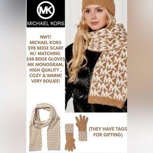 NWT! MICHAEL KORS TAUPE MONOGRAM KNIT GLOVES & SCARF! BOUJEE & WARM!